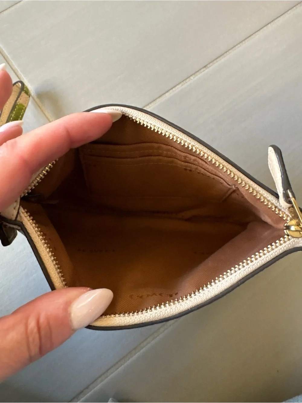 COACH Floral Leather Wristlet in Cream with Yellow, Pink & Green